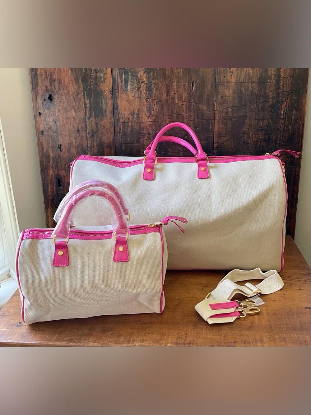 Victoria's Secret Weekender Duffel Bag Canvas Cream Hot Pink Y2K Travel Satchel - Picture 2 of 13